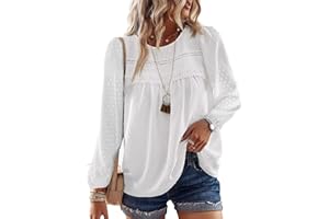 TUUHAW Womens Tops Autumn Round Neck Long Sleeve Shirts Boho Crochet Casual Chiffon Blouses Flowy Lace Hem Clothing Trendy