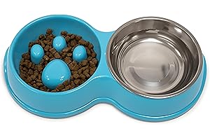 Fur & Bone Double Slow Feeder Dog Bowl | Raised Dog Bowl with Non-Slip Bottom | Food & Water Bowl | Stainless Steel Bowl | Detachable Raised Cat Bowl (Blue)