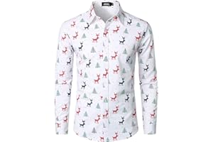 JOGAL Herren Funky Christmas Print Weihnachtsmann Hemd Langarm Button Up Freizeithemd