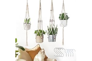 Leseed Wieszaki na Doniczki 4-częściowy Zestaw - Ręcznie Plecione z Bawełny, Odporny na Zużycie, Zawieszona Konstrukcja Ekologiczne i Praktyczne, Idealne do Zawieszania na Balkonach i w Salonach