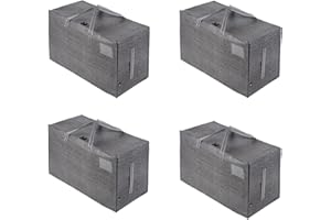 VENO Lot de 4 Grands Sac de Rangement avec Couvercle et Poignées Renforcées, Cartons Déménagement de 102 L Résistant pour Rangement des Vêtements et voyages, Sac à Linge (Gris, Lot De 4)