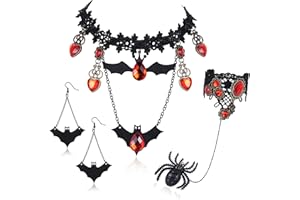 CASSIECA Gothic Jewelry Black Lace Choker Necklace with Spidder Bracelet and Bat Earrings Set Red Rhinestone Halloween Vampire Costume Accessories for Women Punk Party