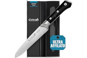Cutluxe Seghettato Coltello Universale - 13 cm Coltello da Cucina Professionale - Coltello Pomodoro - Coltello Verdure - Acciaio Tedesco al Carbonio Forgiato - Impugnatura Ergonomica - Serie Artisan