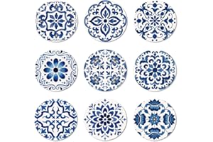 ANATTASOUL 9 Pezzi di Pattern Motivo Spagnolo Blu Sottobicchieri Legno, Sottobicchieri per Bevande,Coaster per Tavolino del Caffè, Decorazione per Cucina e Sala da Pranzo