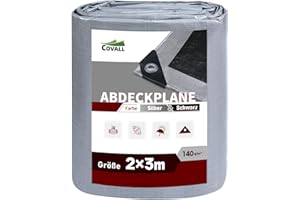 ‎COVALL Covall Abdeckplane mit Ösen Wasserdicht Gewebeplane Plane Tarp Schwerlast 2x3m Schutzplane Abdeckung Bauplane Bodenplane 140g/m² Silber/Schwarz Dach Pool Auto LKW Camping Zelt BAU Garten