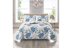 Householdfurnishing 3 Piece Printed Patchwork Bedspread Quilted Bed Throw Comforter with Pillow Shams (Bloom Blue, King)