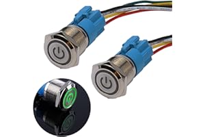 JIQI 2× 19mm Momentane Metall Druckschalter 12V bis 24V 3A Momentary Push Button Switch mit Grün LED-Leuchte IP66 1NO1NC Tastend wasserdicht vorverkabelt Drucktaster für Boot LKW RV Auto(Power Symbol)