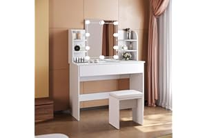 SONNI Mesa Maquillaje con Luz con Espejo y Taburete, Tocador Maquillaje con Luz, Tocador Blanco con 4 Estantes,108x40x140cm