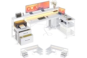 ODK Scrivania con Cassetti, 189.3×100cm Grande Scrivania Angolare Reversibile con 2 Porte di Ricarica USB e 2 Prese di Corrente, Scrivania Gaming con LED, Scrivania ad L per Casa Ufficio, Bianco