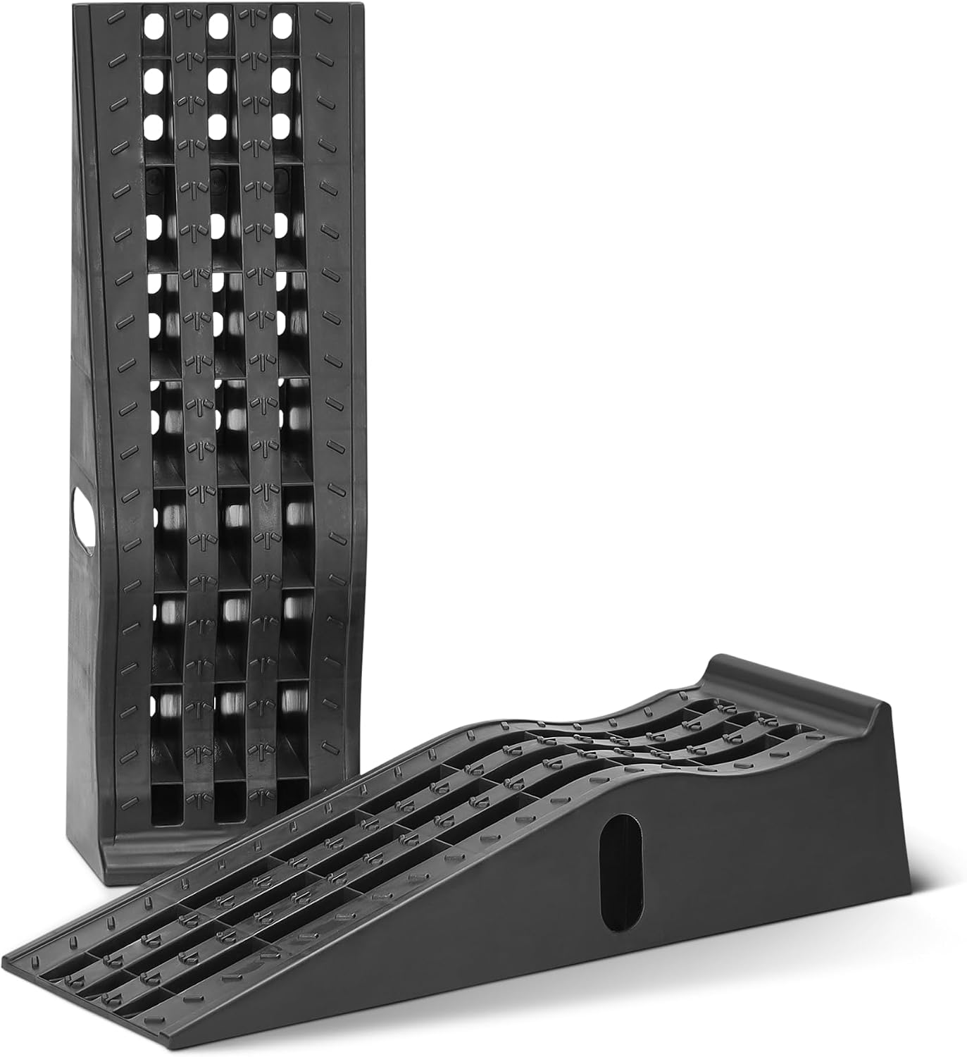 Amazon Basics Rampas Carga Coches Plástico Resistente, Capacidad de Carga 2948kg por Par (1474kg Cada Una), Base Goma Antideslizante, Superficie Texturizada, Set de 2, Negro