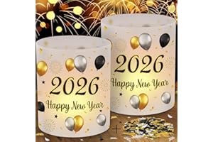 CADIMUS 12 Windlichter Silvester Deko Tisch + 15g Konfetti Happy New Year Schwarz Gold, Tischdeko 2026, Party Zubehör für Silvester 2026