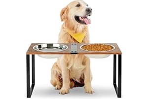 GUUSII HOME Miska dla psa Podwyższona miska na karmę Duże psy Średnio podniesiona miska dla psa Duża miska ze stali nierdzewnej Zestaw 1500 ml Stojak na stację karmienia Drewno 57,5 * 24 * 29 cm