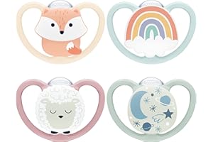 NUK Space Day & Night chupete | 0-6 meses | Chupetes que brillan en la oscuridad con ventilación adicional para pieles sensibles | Silicona sin BPA | Lobo y oveja | 4 unidades