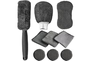 Vlecexs Kit Nettoyage Voiture, 9 Pièces Kit d'entretien de Voiture pour L'intérieur et L'extérieur, Incluant Brosse Pneus, Tampons Polissage, Éponge, Chiffons Multi-Usages, Brosse Douce Intérieur