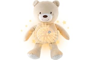 Chicco First Dreams Miś z Projektorem, Miękki Pluszowy Miś Wyświetlający Kolorowe Gwiazdki, Lampka Nocna dla Dzieci, Efekty Świetlne i Relaksujące Melodie, Zabawki dla Niemowląt 0 m +, Beżowy