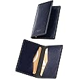 VULKIT Leather Business Card Holders Bifold Ultra Slim Business Card Holder Organizer for Men or Women Up to Hold 20 Business Cards, Navy Blue