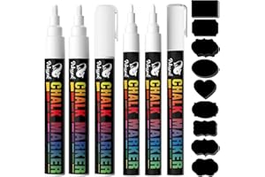 WISYOK Lot de 6 Feutre Craie Blanche Avec 45 étiquettes, Marqueur Blanc Indelebile, Marqueur Tableau Noir Effacable, Marqueur Craie Double Pointe pour fenêtres et tableaux noirs - 3mm & 6mm