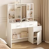 Devoko Dressing Table with LED Lighting Mirror with Lighting Adjustable Brightness Dressing Table with Mirror Cosmetic Table with Drawers Adjustable Shelves White 117 x 40 x 140 cm [Energy Class F]