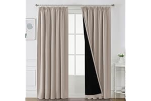 BellaHills 100% Blackout Curtains for Bedroom Thermal Insulated Curtains & Drapes Blackout Curtains Pencil Pleat Curtains for Living Room with Black Liner 2 Panels, 90 x 90 Inch, Natural Sand