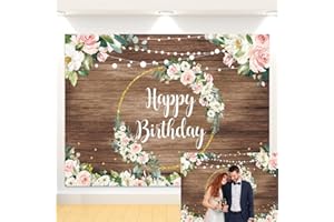 WANGRJ Toile de fond florale en bois pour anniversaire - Couronne dorée - Happy Birthday - Toile de fond à paillettes - Pour femme et fille - Décoration de fête d'anniversaire - 2,1 x 1,5 m