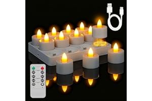 ‎ROPELUX ropelux 12 Rechargeable Tea Lights with Charging Base,Realistic Flickering Dimmable LED Candles with Remote Control Timer in Warm Yellow for Christmas,Weddings, Parties, Festivals (12 Pack)