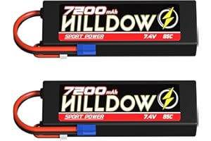 HILLDOW 2S Lipo Battery 7.4V 85C 7200mAh RC Battery HardCase with EC5 Plug for RC Car Truck RC Vehicles Truggy Buggy Tank Airplane Helicopter Racing Models(2 Packs)