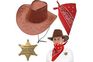 Qylazune Western Cowboy Costume Accessories Set - 3-Piece Premium Faux Suede Hat + Paisley Bandana + Sheriff Badge Kit for Men & Women