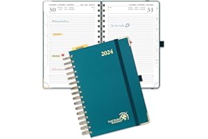POPRUN Agenda 2024 Journalier Spirale 21,5 x 14,9 cm, 1 Page par jour de jan 2024 à déc 2024 avec Couverture Rigide, Poche intérieure, Papier Certifié FSC®80 g/m²- Vert Pacifique