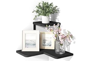 SRIWATANA Corner Shelves, 2 Tier Floating Shelves Wall Mounted, Rustic Wood Wall Shelves for Bedroom, Living Room, Bathroom, Kitchen, Office, Black