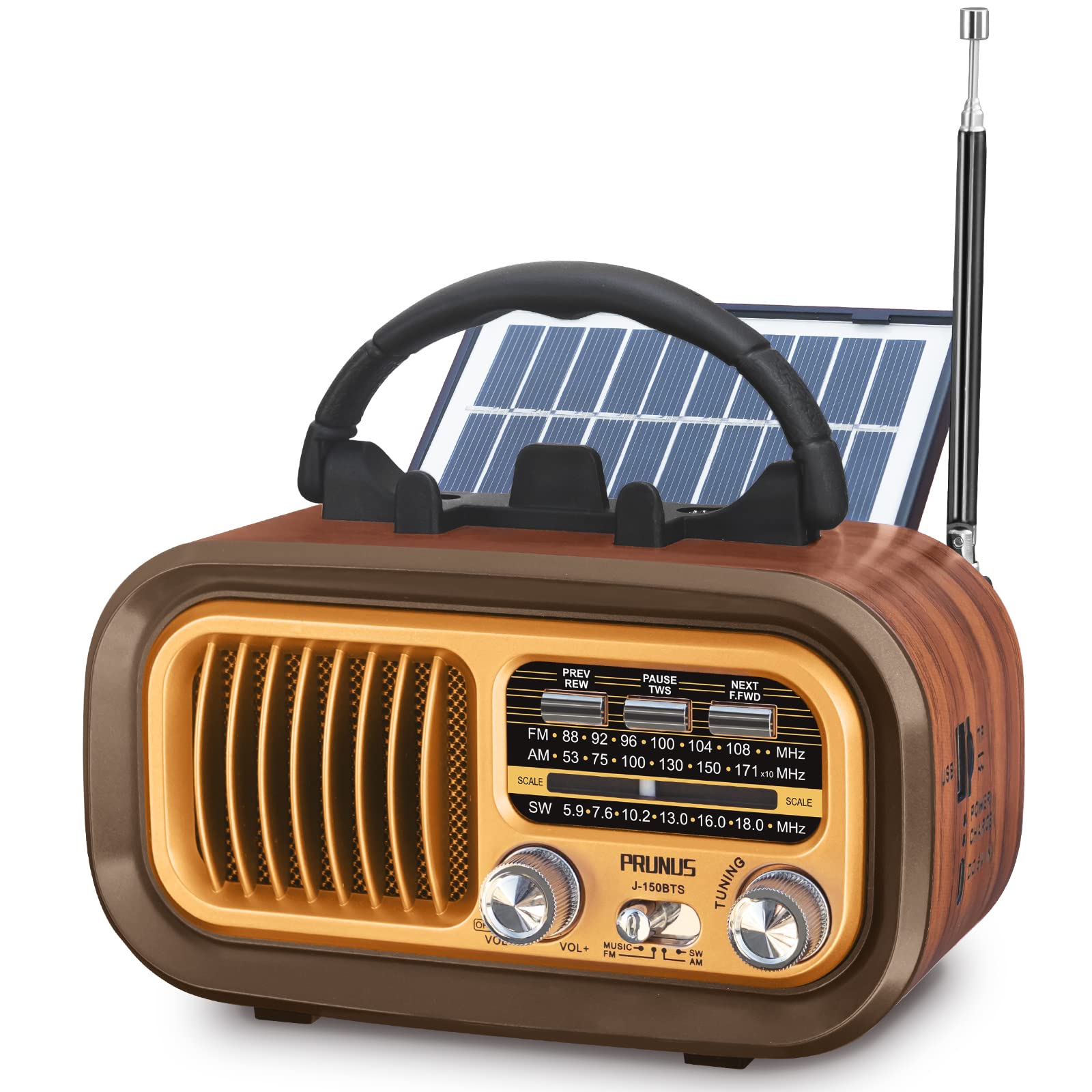 ã€2023 Newestã€‘ PRUNUS J-150BTS Small Retro Vintage Radio Bluetooth, Portable AM FM Transistor with Best Sound, Solar/Battery Operated/Rechargeable, TWS, Support TF Card/USB Playing