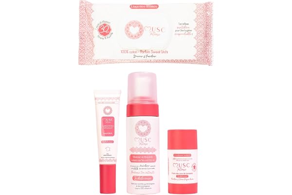 MUSC INTIME La Marque Officielle - L'Intime Rituel Musqué - Mousse Intime & Parfum Intime & Déodorants & Lingettes - Sweet Litchi - La Délicieuse - 4 Étapes Fraîcheur - 150ml & 30ml & 50g & 30 unités