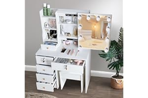 Umeiga Vanity Table Set with Mirror & Light, Makeup Vanity Desk with Sliding Mirror, Drawers Makeup Table with Mirror, 3 Lighting Colors, White for Bedroom 31.5" W