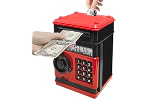 Vommery Hucha para niños de Juguete, Mini Caja Fuerte electrónica para cajero automático Bancos con Bloqueo de contraseña & Desplazamiento automático de Dinero para niños niñas (Negro-Rojo)