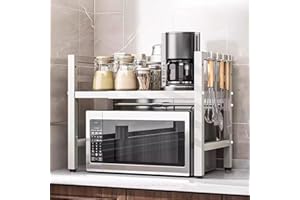 WMLBK Mensola per forno a microonde, espandibile a 3 ripiani, con 6 ganci, per forno a microonde, allungabile da 40 a 63 cm, per cucina (2 piani bianchi)