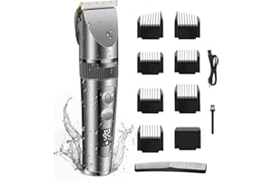 NWOUIIAY Bezprzewodowa elektryczna maszynka do strzyżenia włosów IPX6, profesjonalna 3 prędkości regulacja długości do 5 poziomów tytanowych i ceramicznych ostrzy z ekranem LCD, 8 grzebieni regulacyjnych do