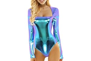 DRALOFAO Damen Body Langarm, Metallic Ballettanzug mit Rundhals Ausschnitt, Gymnastikanzug für Ballett Sport Tanz Disko Kostüm Fasching - Diverse Größen -