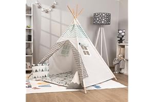 Paco Home Kinderzelt Tipi Zelt für Kinderzimmer Spielzimmer Innen Indoor Robust Stabil Wigwam versch. Muster, Farbe:Weiß-Grau, Sets:Mit Zubehör