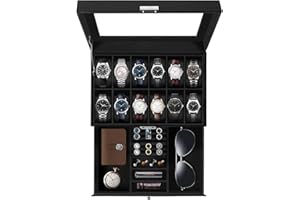 Uten Watch Box 12 Slots, 2-Tier Watch Case with Key Lock, Glass Lid, watch display box for Men and Women, Black Synthetic Leather, Black Velvet Lining, Removable Pillows, Jewelry Storage Box