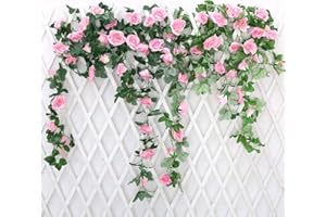 JUSTOYOU 2 Pack 7.2ft Artificial Fake Rose Garland Vines Colgando Flores de Seda para la Pared de la Boda al Aire Libre Interior Decoración del baño Badroom (Rosa)