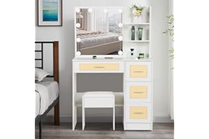 Puselo Vanity Set with Lights and Mirror, Makeup Vanity Dressing Table with Lights & 5 Drawers, Vanity Desk with Cushioned Stool Set for Bedroom (Modern A3076)