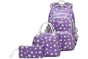 SIVENKE Backpack for Girls Middle School Bag Lunch Bag Set Lightweight Kids Bookbag with Cute Pawprint Water Resistant