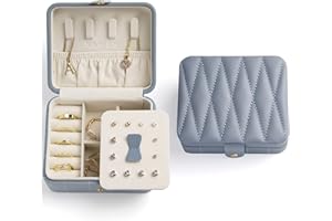 KAMIER Travel Jewelry Box Organizer, Diamond Quilted Leather Jewelry Case with Mirror, Small Portable Jewelry Box for Women, Bluish Grey