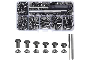 QHSXMQ 120 Sets Chicago Screws, M5 x 4/5/6/8/10/12Rivet Chicago Binding Screws, Chicago Book Binding Screws, Metal Rivets with Punch and Screwdriver,Rivets for Leather,Bags,Collar,Purse,Backpack,Belt (Black)