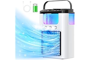 Bidiowe Personal Air Conditioner Fan, 4 IN 1 Portable Air Coolers, Humidifier, Fan, Night Light 3 Speed 600ML Water Tank 7 Color LED Light Desk Cooling Fan for Home Office, Camping, Outdoor