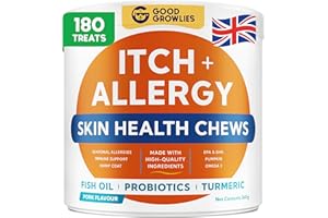 GOODGROWLIES Itchy Dog Skin Relief - Allergy Support Chews - Skin & Coat Supplement - Omega 3 Fish Oil - Itching & Paw Licking - Dry Skin & Hot Spots - 180ct/Pork