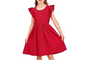 Arshiner Filles Robes à Volants Enfants été Coton Robe de Loisirs Bouton A-Line Col Rond Robe de fête pour Fille 4-14 Ans