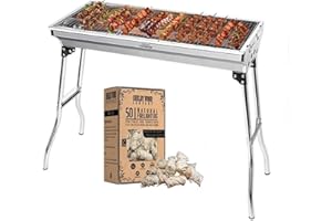 SHELBY WOOD COMPANY Portable stainless-steel charcoal BBQ grill with box 50 natural firelighters. Foldable, durable, and perfect for camping, gardens, festivals, picnics, and family outdoor cooking.