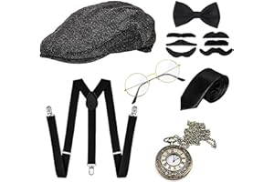 GOLDGE 1920s Herren Accessoires Set Mafia Gatsby Gatsby Kostüm Set mit Panama Gangster Hut Verstellbarem Hosenträger Krawatte Fliege Retro Taschenuhr Brille Bart (7PCS)