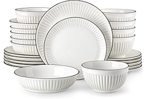 MALACASA 24-Piece Embossed Porcelain Dinner Set for 6, Includes Dinner Plates & Soup Bowls, Chip and Scratch Resistant, Microwave and Dishwasher Safe, Elegant White with Black Rim, Series Leila