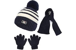 Baynetin 3 Piezas Punto Sombrero Bufanda Guantes, Térmico Pompón Beanie Gorro Cálido Grueso Polar Tejido Bufanda Guantes Set para Niños Niñas 2-8 Años Deportes al Aire Libre Regalos